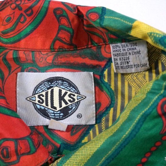 VTG 90s Silks Button Down Slik Shirt Sz Mens Medium Yellow Red Green Aztec Style - Picture 3 of 7
